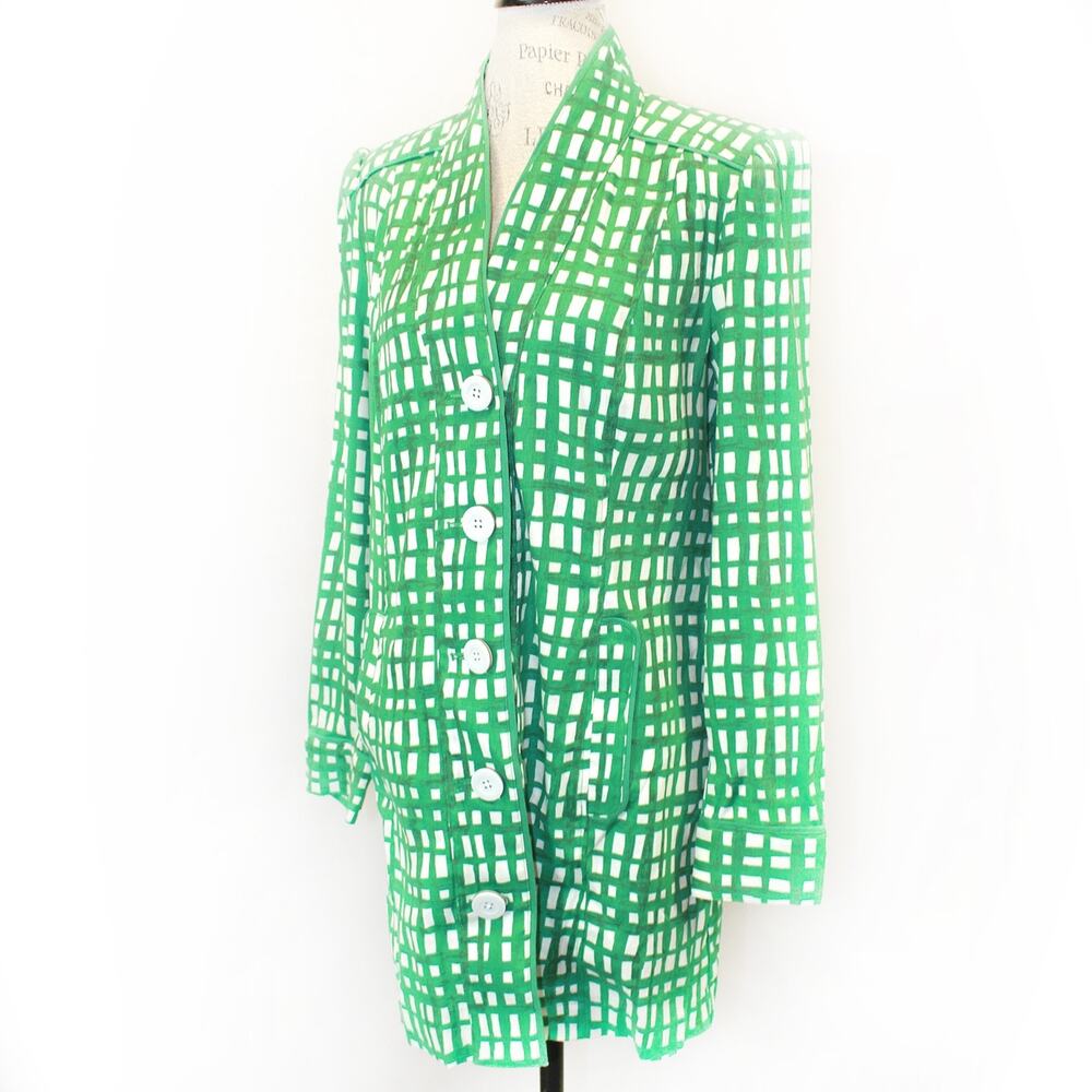 Cabi green grid linen blend long blazer jacket Pockets buttoned slv size Medium